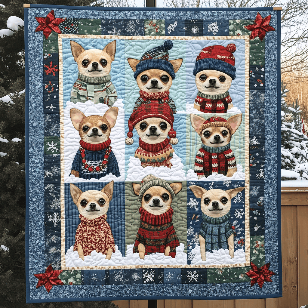 Blue Frame Chihuahuas art quilt – chihuahuas on blue