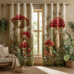 Toadstool Garden quilted curtains – toadstools and daisies on cream