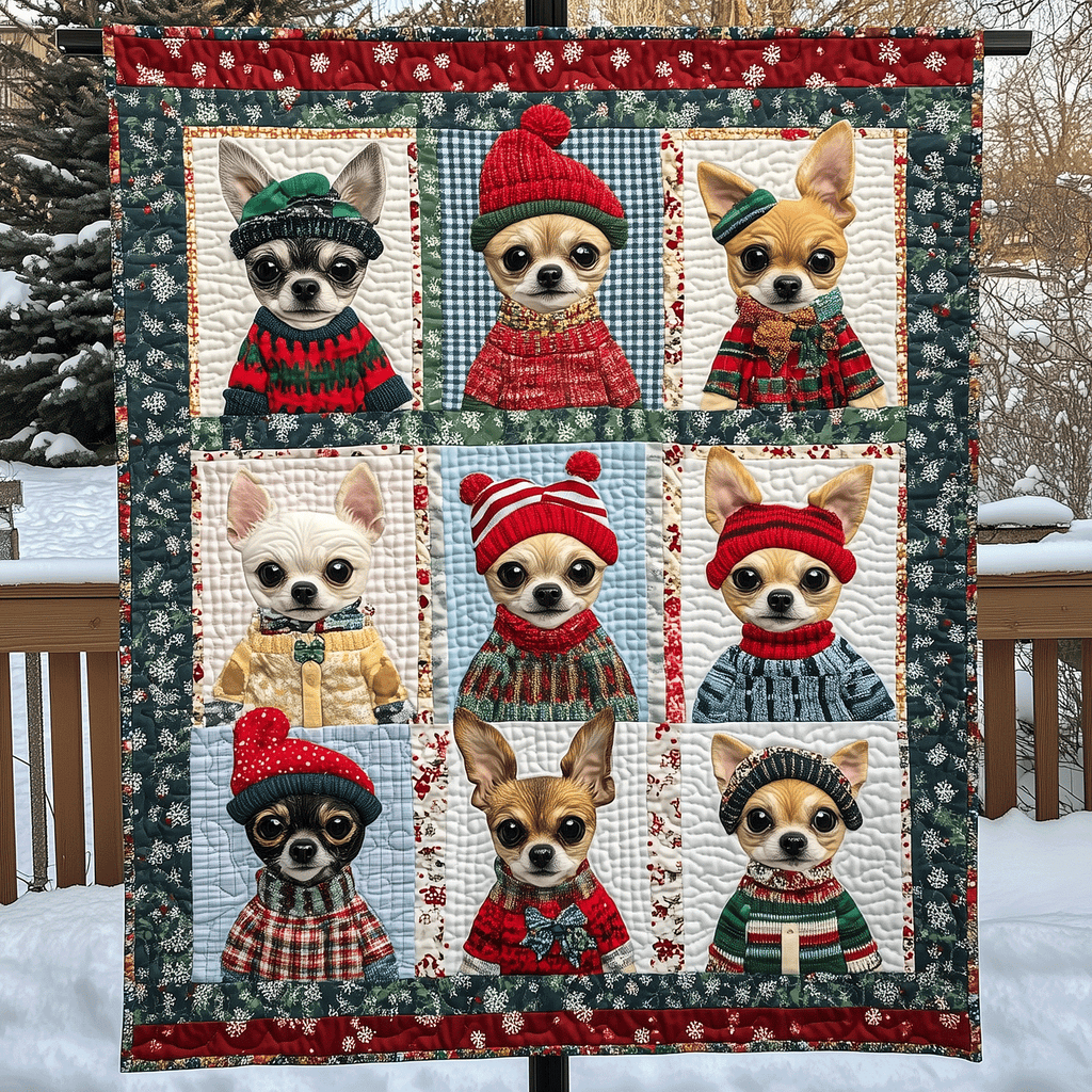 Chihuahua Snow Squares art quilt – chihuahuas in snowy squares