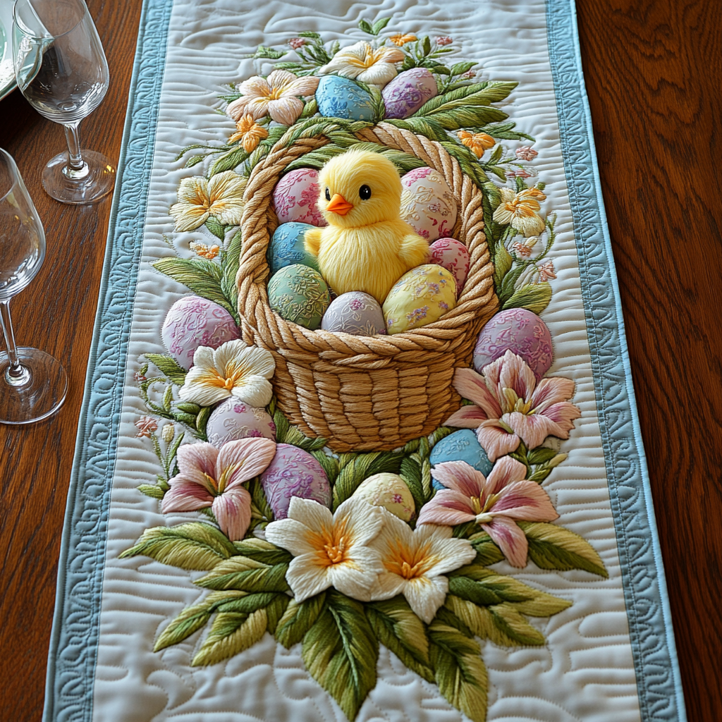 Easter Chick Basket quilted table runner – chick in a basket of eggs