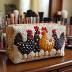 Chicken Bliss quilted make-up bag with polka-dot hens and a rooster in a row on cream