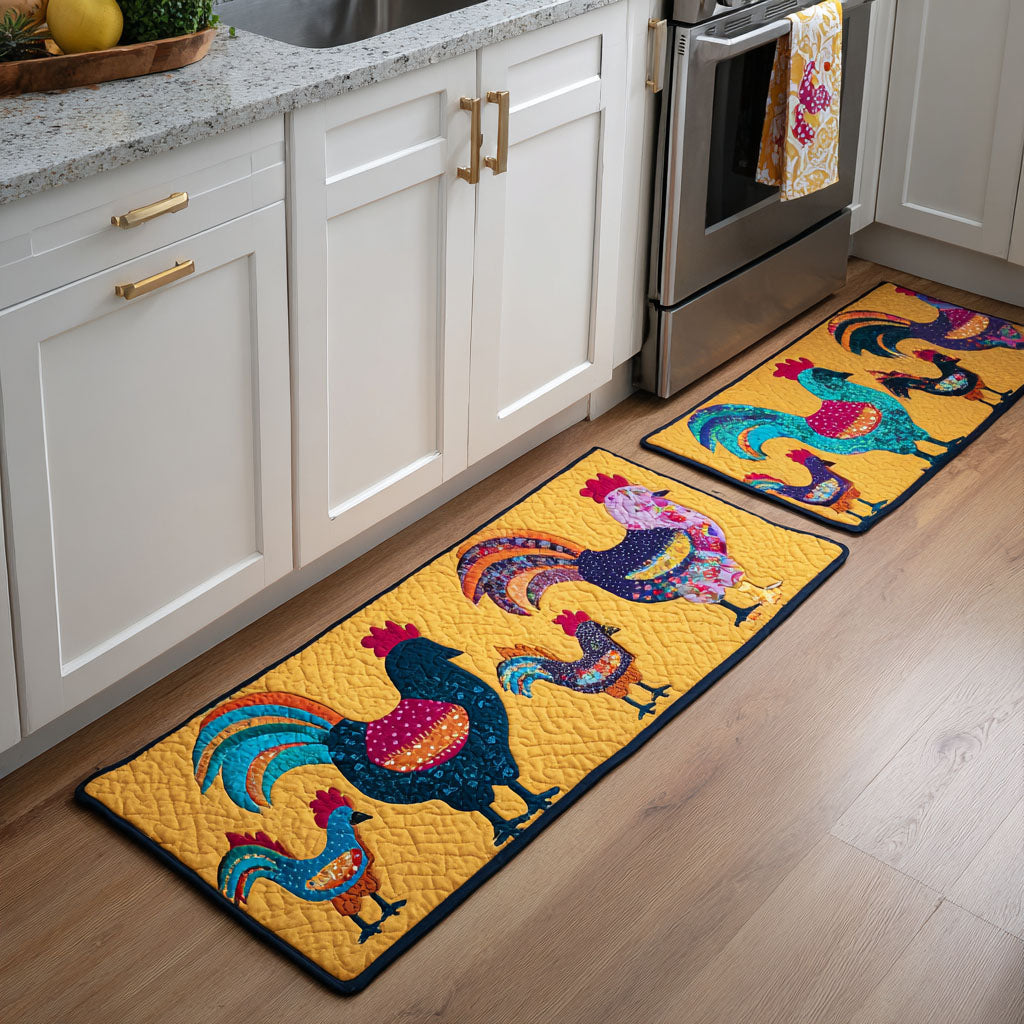 Rooster Garden kitchen mat set – roosters on yellow