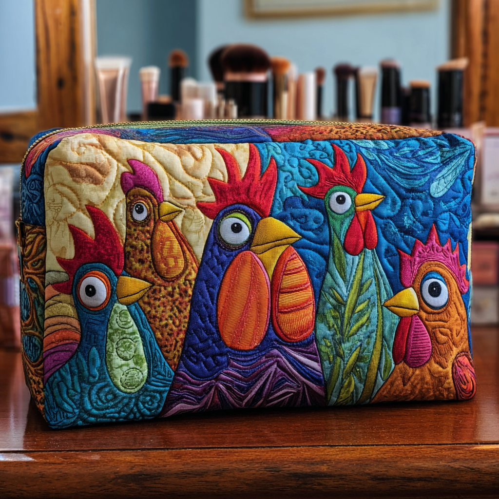 Chicken Bloom quilted make-up bag with bright folk-art rooster heads in blue, red and gold