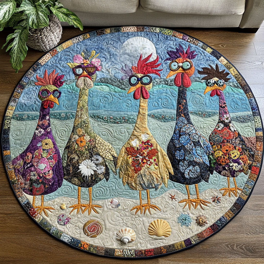 Chicken Charisma round quilted mat – chickens in glasses