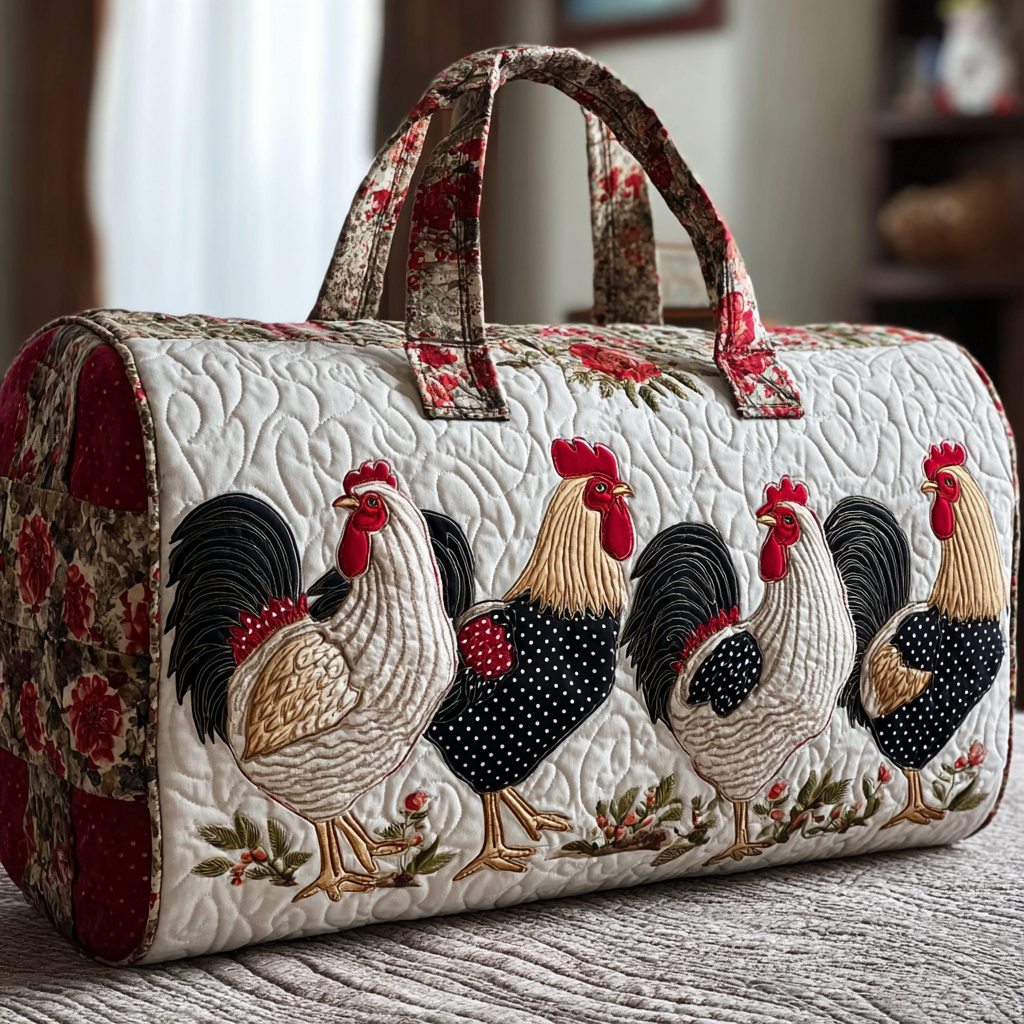 Monochrome Hens quilted weekend bag – hens on cream