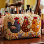 Chicken Charm quilted make-up bag with black, brown and ginger hens in a row on cream with small flowers