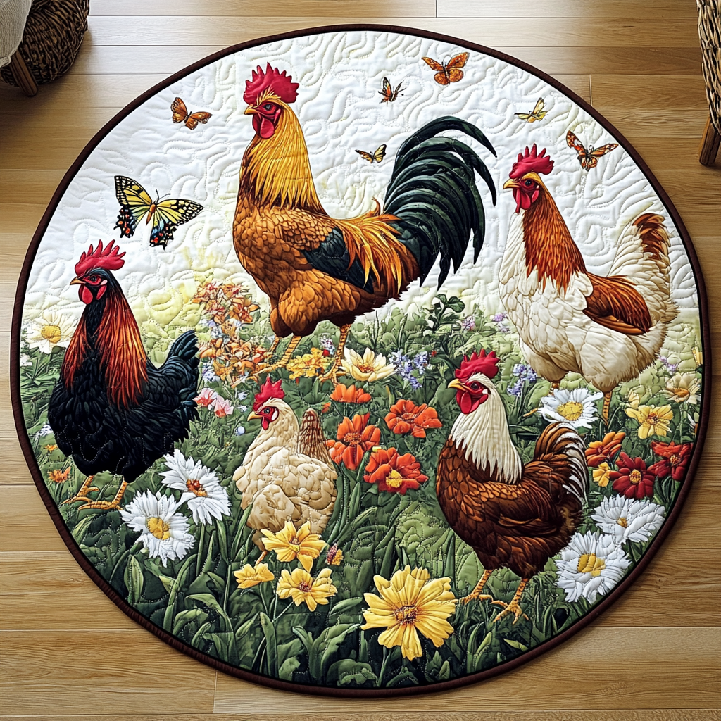 Chicken Cheer round quilted mat – rooster and hens