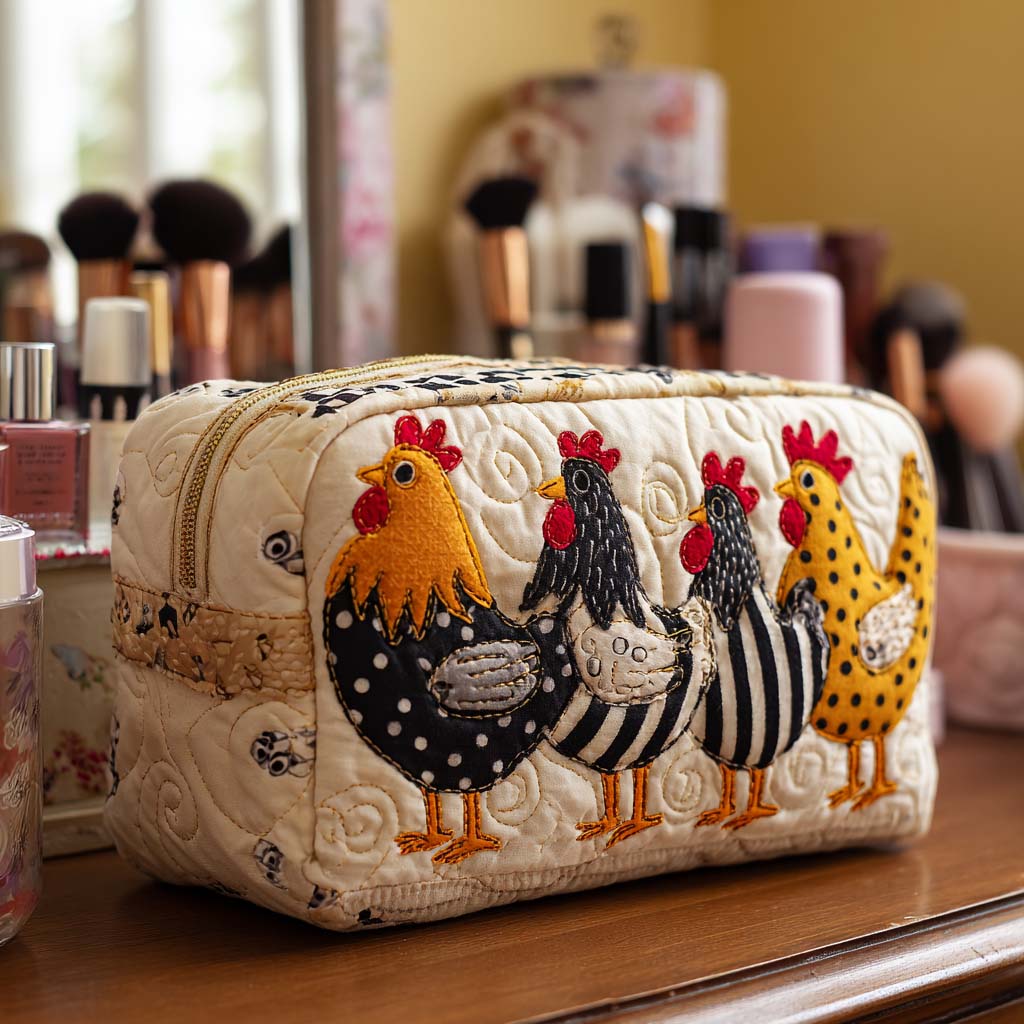 Chicken Comfort quilted make-up bag with hens in black-and-white stripes and polka dots beside a ginger hen, on cream