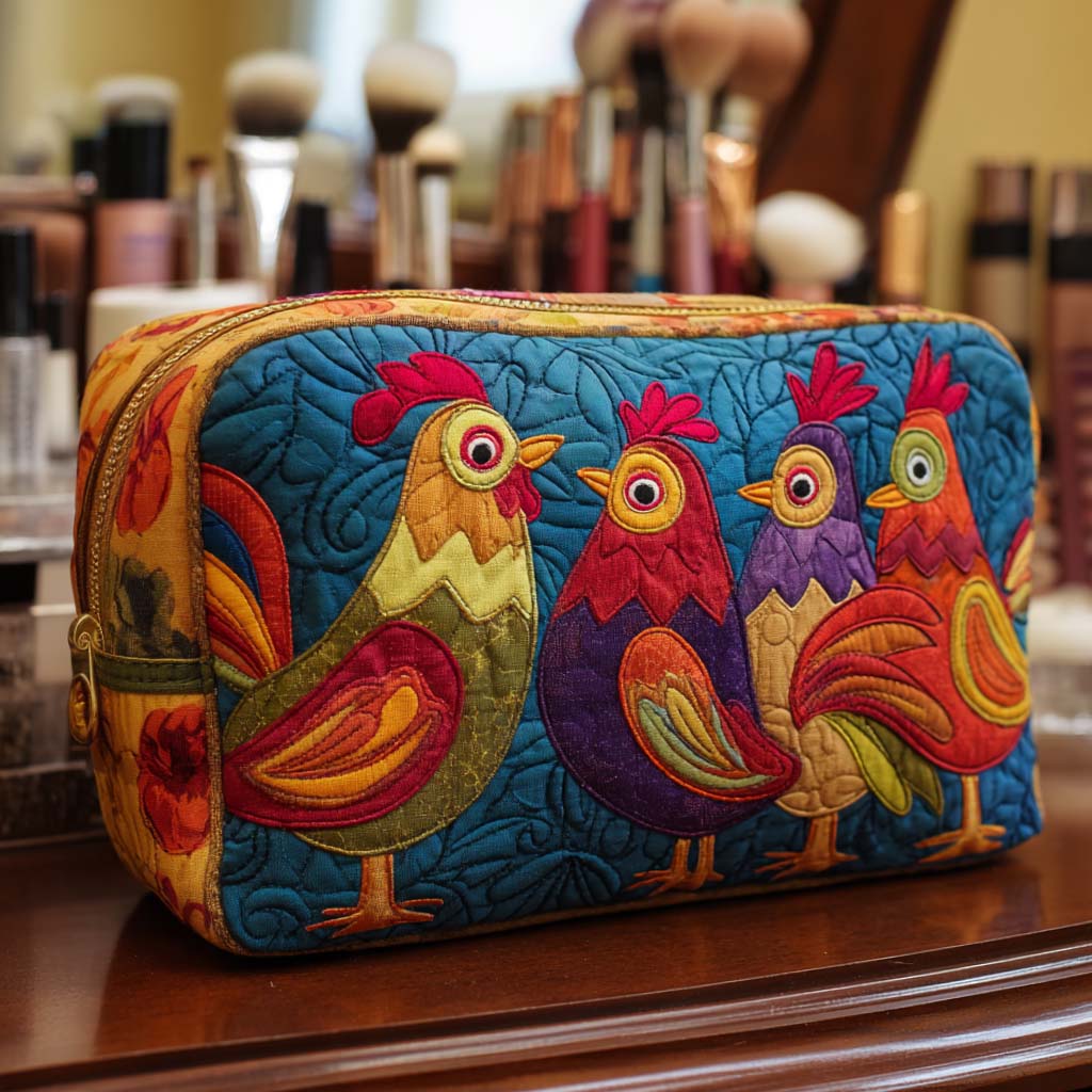 Chicken Cozy quilted make-up bag with colourful folk-art hens in red, purple and gold on swirling blue