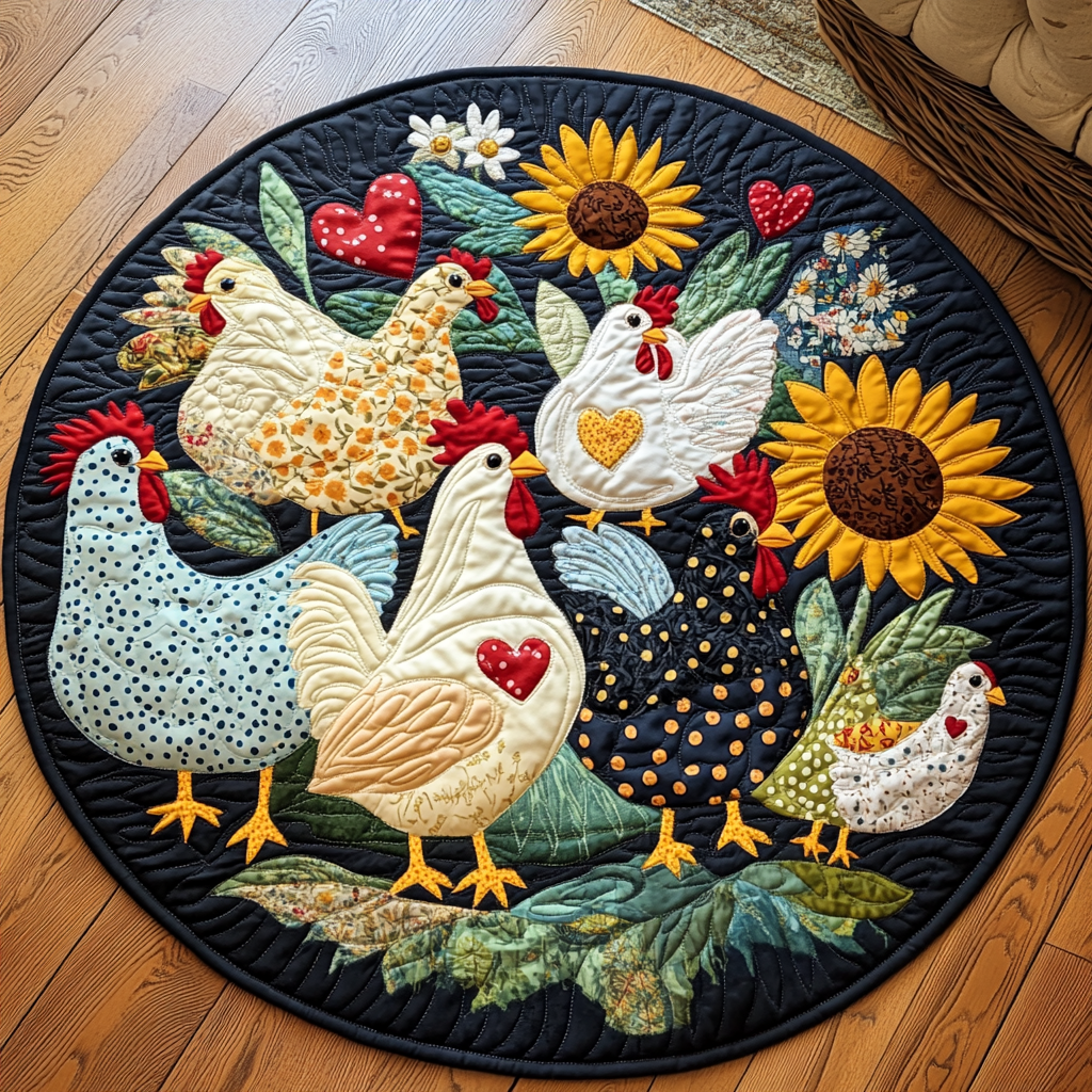 Sunflower Hens round quilted mat – hens and sunflowers