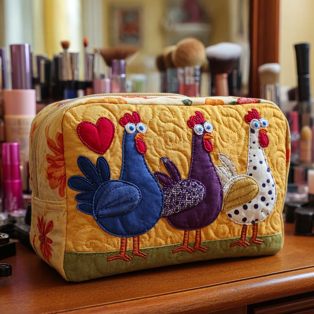 Chicken Delight quilted make-up bag with navy, purple and spotted hens with red hearts on mustard
