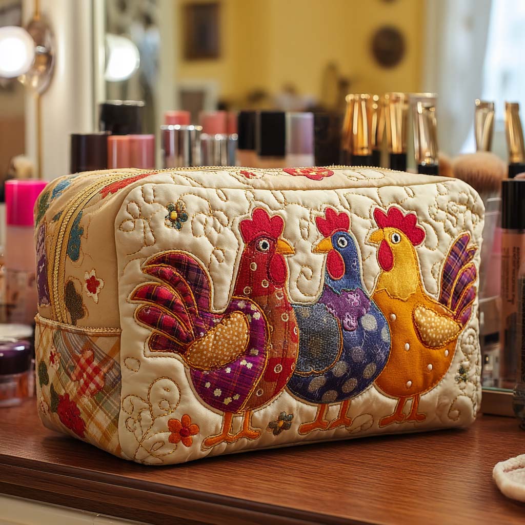 Chicken Dream quilted make-up bag with roosters in red, purple and gold on cream quilting