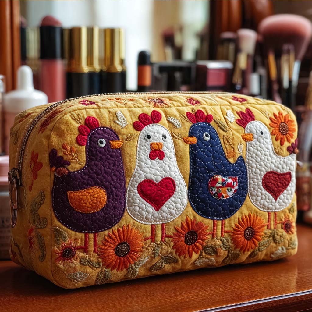 Chicken Feather quilted make-up bag with purple, white and navy hens with heart-shaped wings above orange flowers on mustard