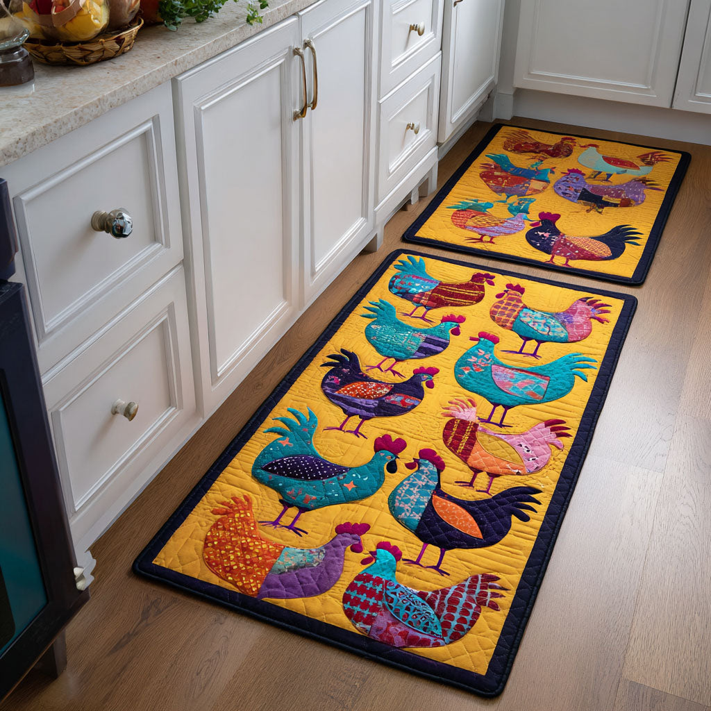 Yellow Hen House kitchen mat set – hens on yellow
