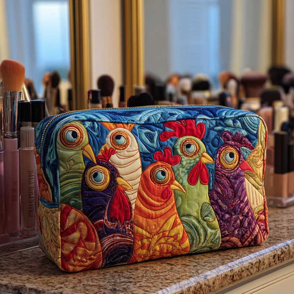 Chicken Parade quilted make-up bag with tall line-up of colourful folk-art hens on blue
