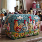 Chicken Garden quilted make-up bag with pastel hens strolling on teal among flowers and little clouds