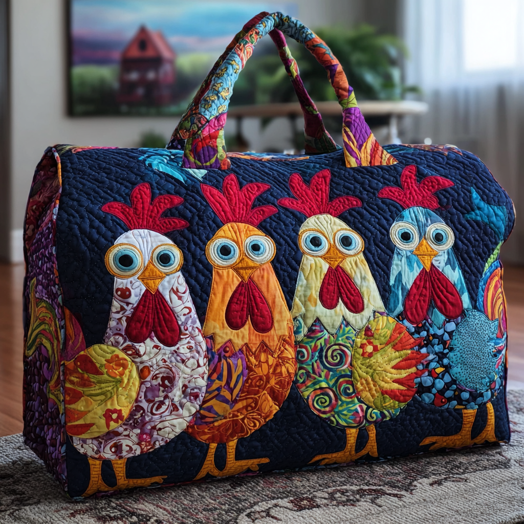 Chicken Glow quilted weekend bag – funny chickens