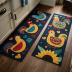 Navy Chickens kitchen mat set – chickens on navy