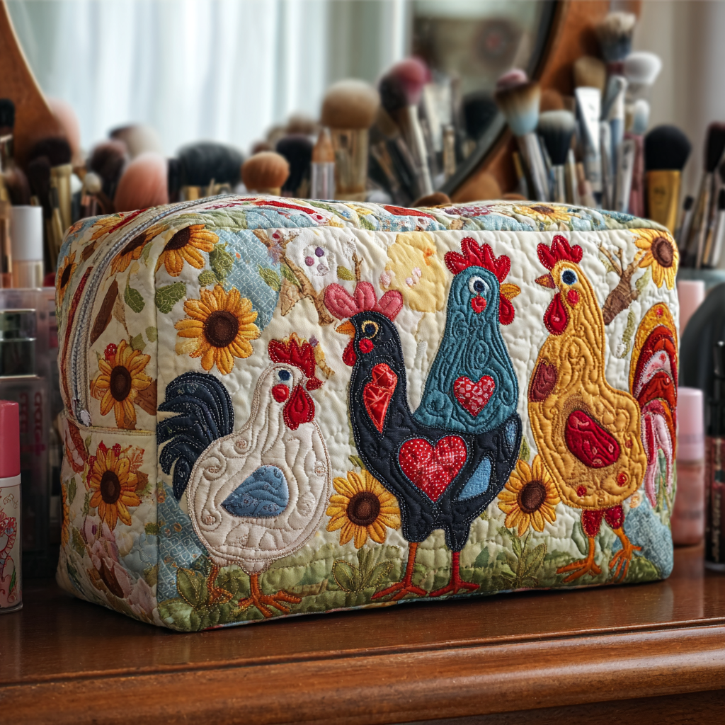 Chicken Grove quilted make-up bag with navy rooster with a red heart beside white hens and sunflowers
