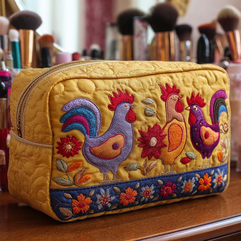Chicken Haven quilted make-up bag with blue and purple roosters on mustard with a folk flower border