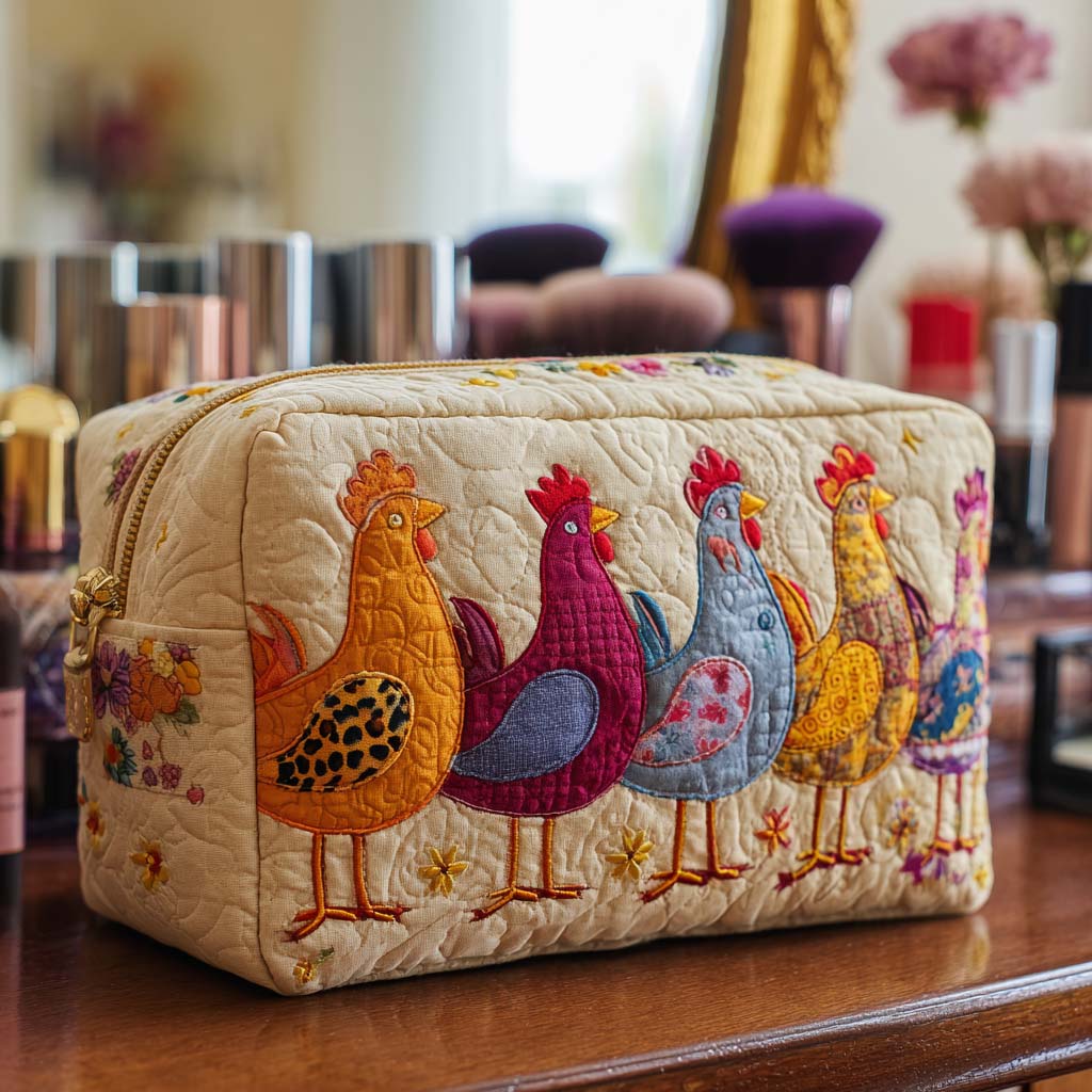 Chicken Joy quilted make-up bag with row of ginger, purple and blue hens on cream