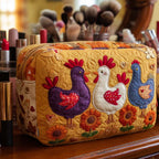 Chicken Light quilted make-up bag with purple, white and blue hens with hearts and orange flowers on gold