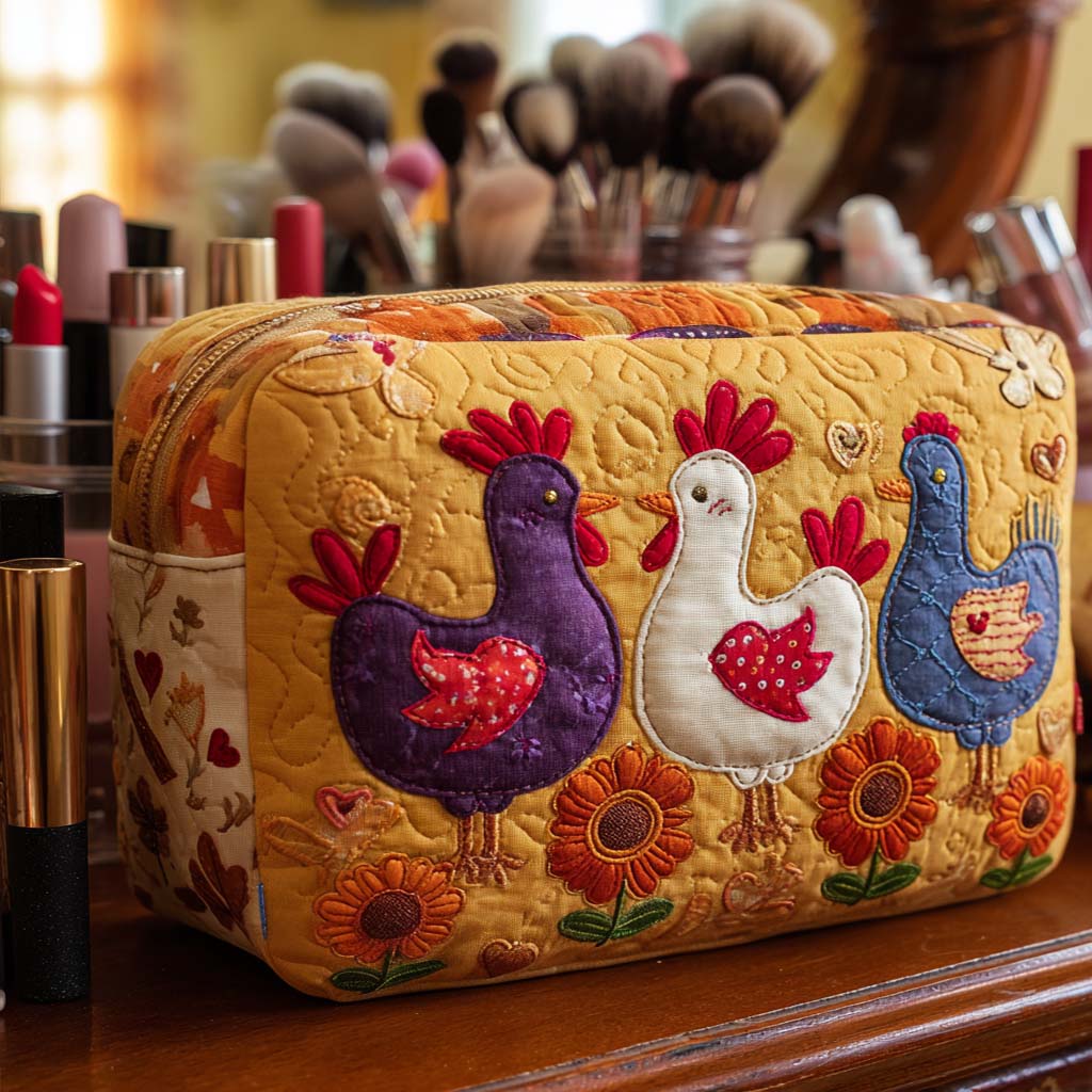 Chicken Light quilted make-up bag with purple, white and blue hens with hearts and orange flowers on gold