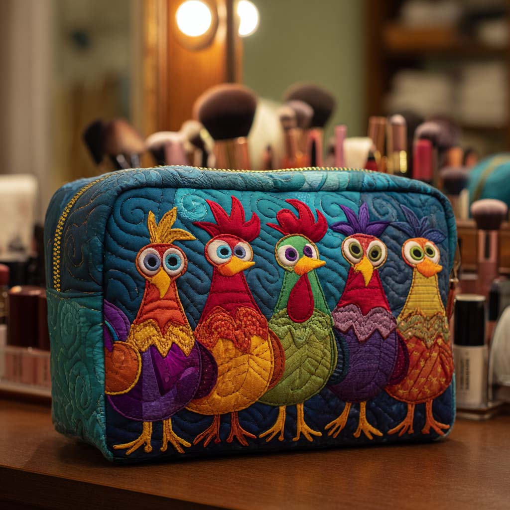 Chicken Love quilted make-up bag with row of bright roosters on teal and navy