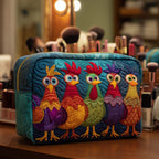 Chicken Love quilted make-up bag with row of bright roosters on teal and navy