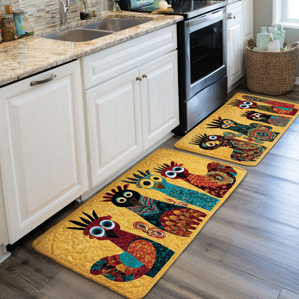 Country Hens kitchen mat set – quirky hens on yellow