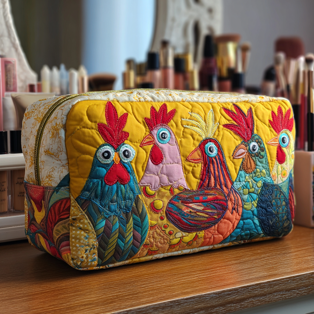 Chicken Meadow quilted make-up bag with teal, red and ginger hens and roosters on mustard quilting