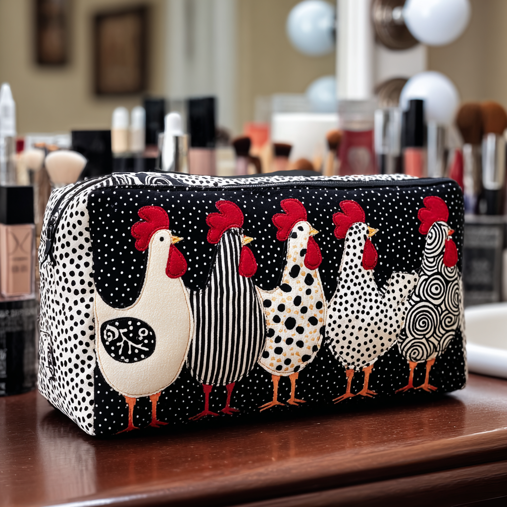 Chicken Polka quilted make-up bag with black-and-white polka-dot and striped hens with red combs on a spotted black ground