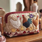 Chicken Nest quilted make-up bag with white hen and a brown rooster with their chicks above a gingham patchwork border