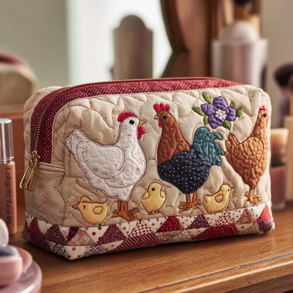 Chicken Nest quilted make-up bag with white hen and a brown rooster with their chicks above a gingham patchwork border