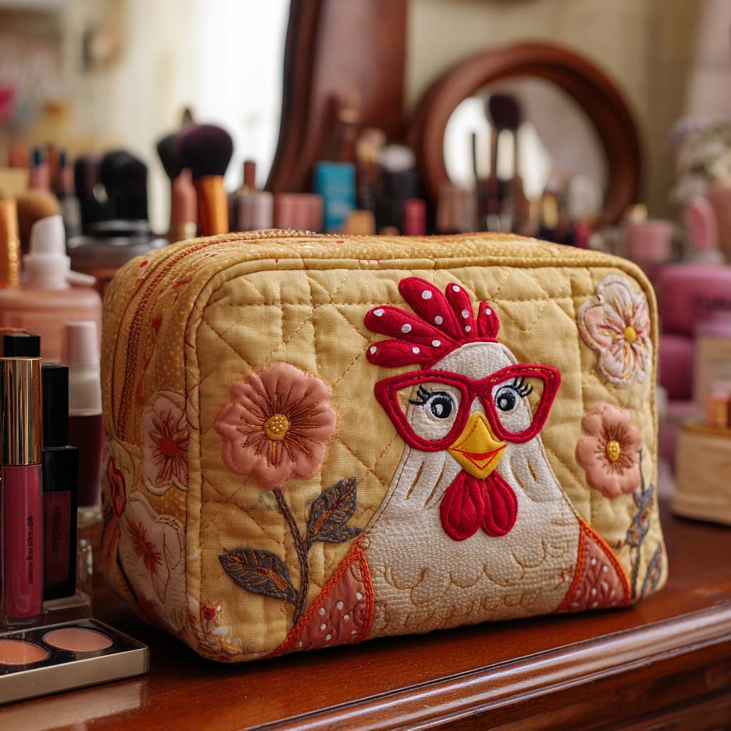 Chicken Shine quilted make-up bag with cheerful hen wearing red spectacles among garden flowers on mustard