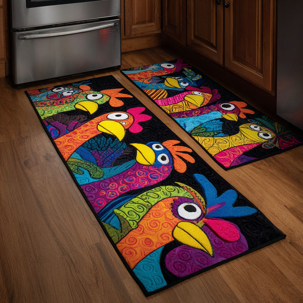 Funky Rooster Parade kitchen mat set – colourful roosters on black