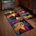 Funky Rooster Parade kitchen mat set – colourful roosters on black