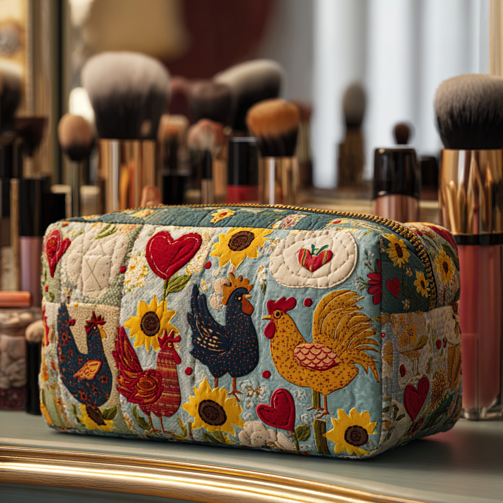 Chicken Spring quilted make-up bag with small hens, red hearts and sunflowers on pale blue patchwork
