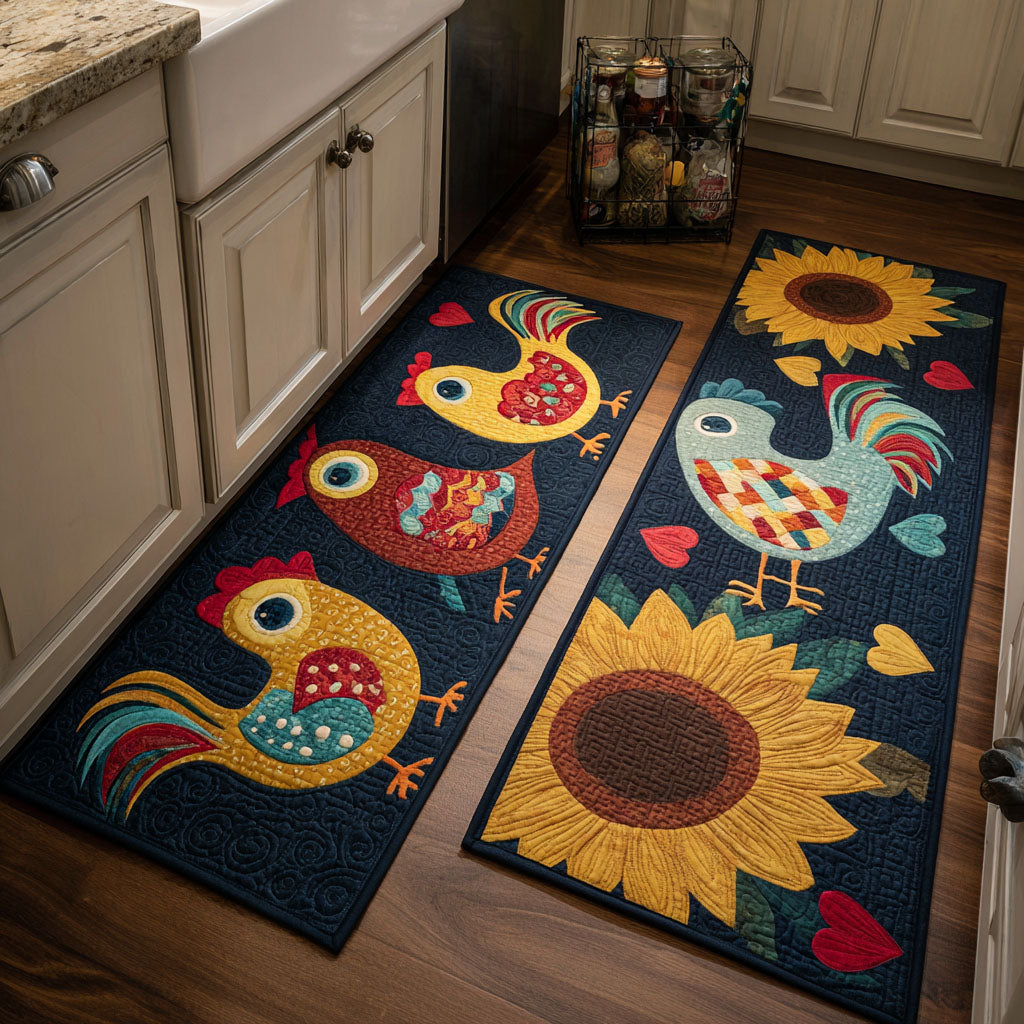Sunflower Chickens kitchen mat set – chickens and sunflower