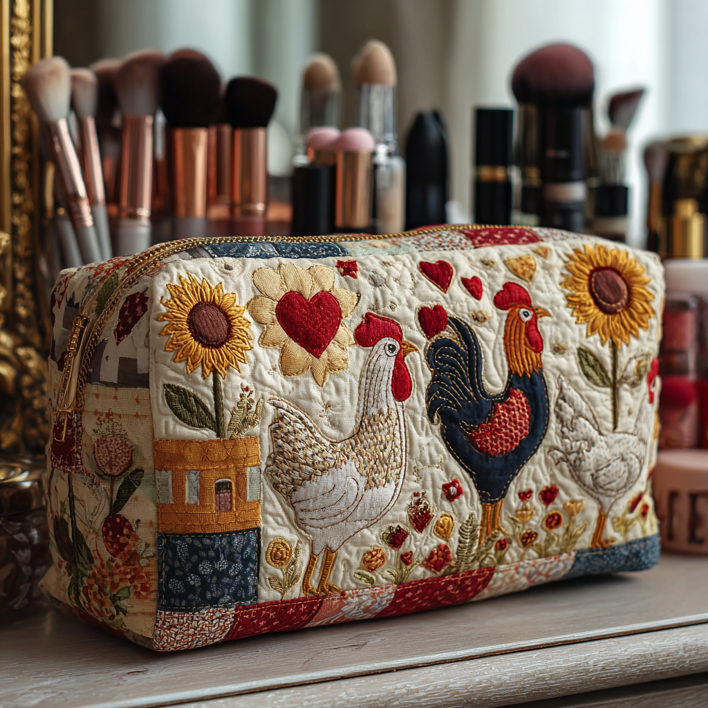 Chicken Valley quilted make-up bag with roosters, red hearts and sunflowers on a cream patchwork