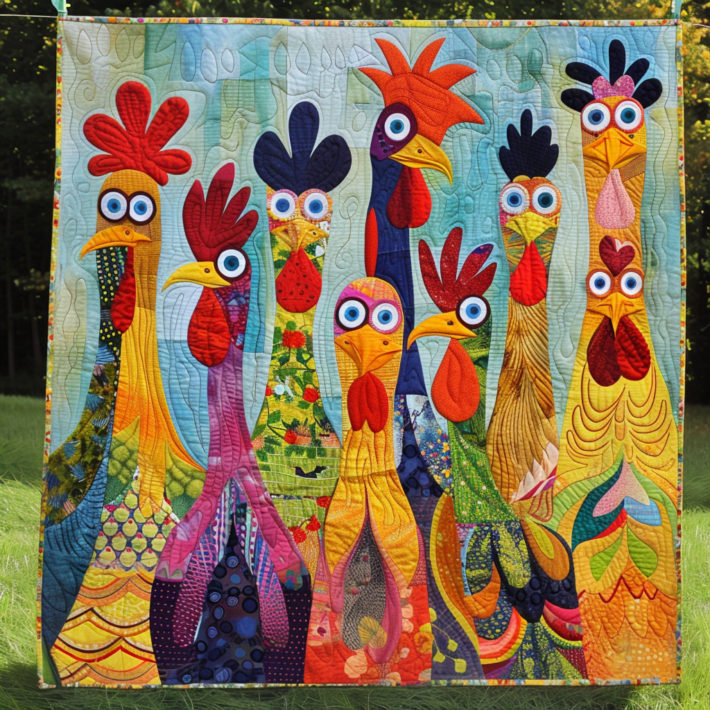 Rooster Line-Up quilted throw – rainbow roosters lined up on pale blue