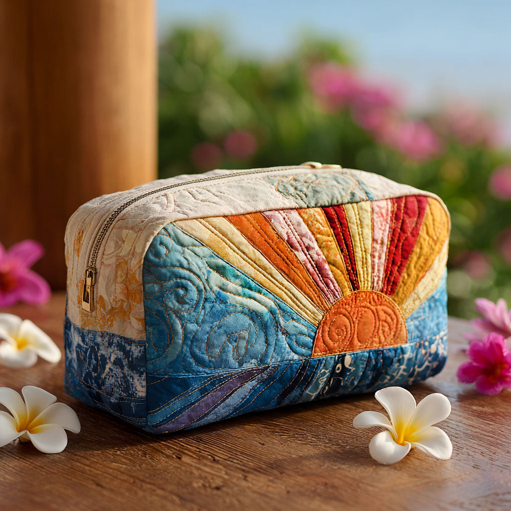 Quilted make-up bag with the Chill Wave design of rolling retro waves and sunset stripes in muted orange, rose and sage