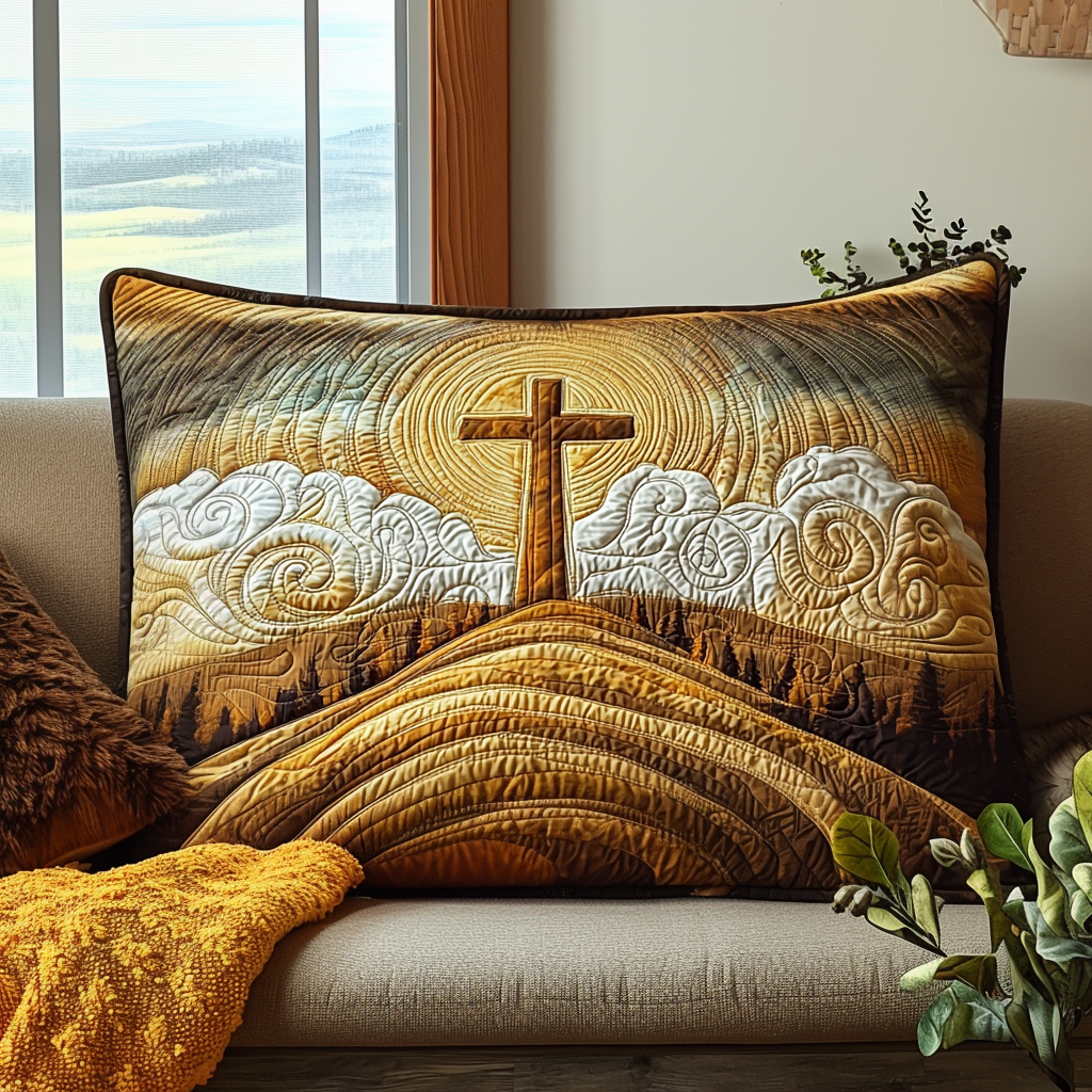 Cross on the Hill quilted pillowcase – wooden cross on a golden hill