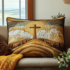 Cross on the Hill quilted pillowcase – wooden cross on a golden hill