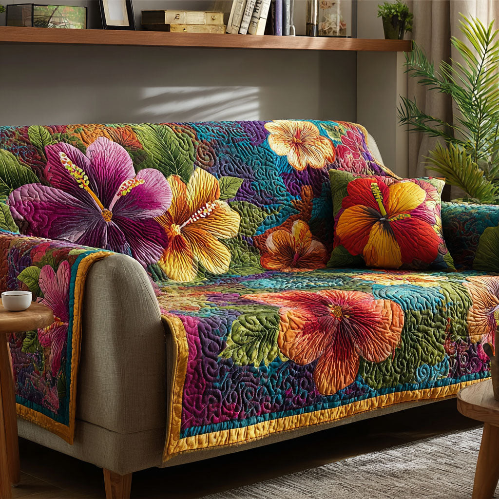 Hibiscus Paradise quilted sofa cover – bright tropical hibiscus blooms