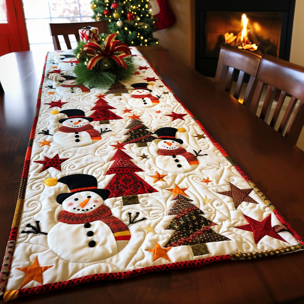 Snowman Christmas Trees quilted table runner – snowmen and Christmas trees