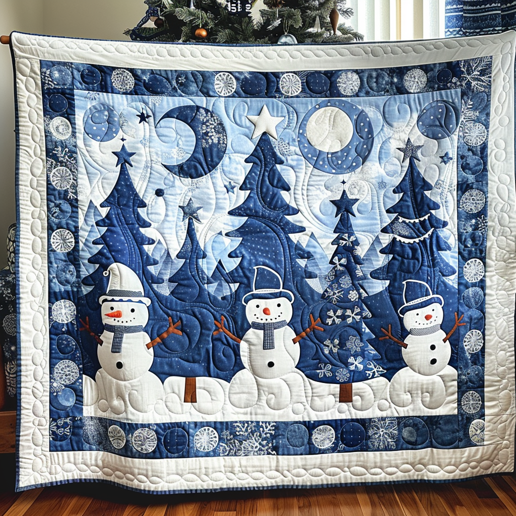 Blue Snowman Forest quilted throw – snowmen among blue firs under the moon