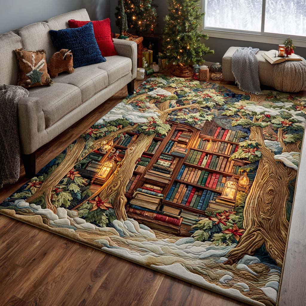 Christmas Chapters rug – bookshelves in a snowy hollow