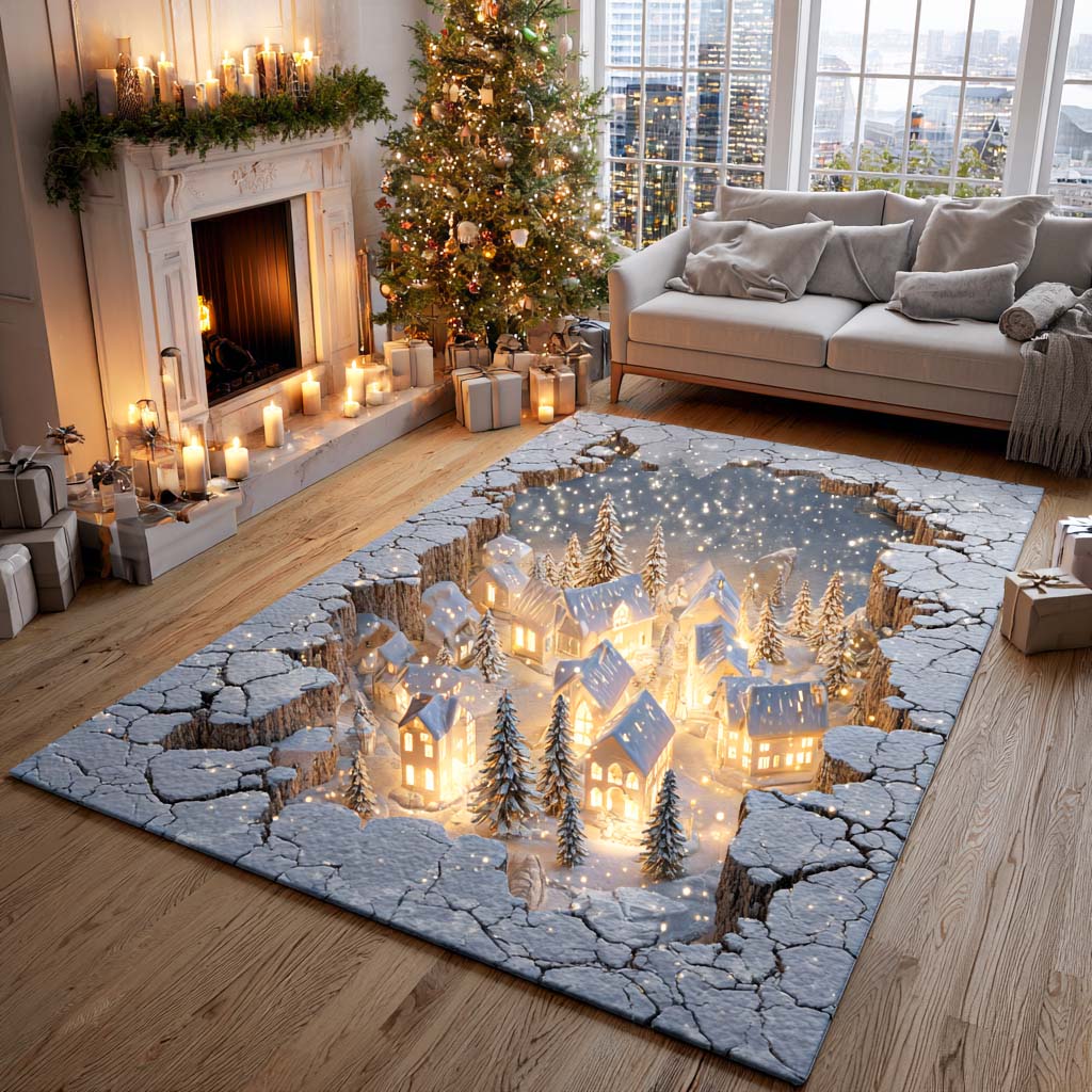 Christmas Glow rug – glowing village in a hollow