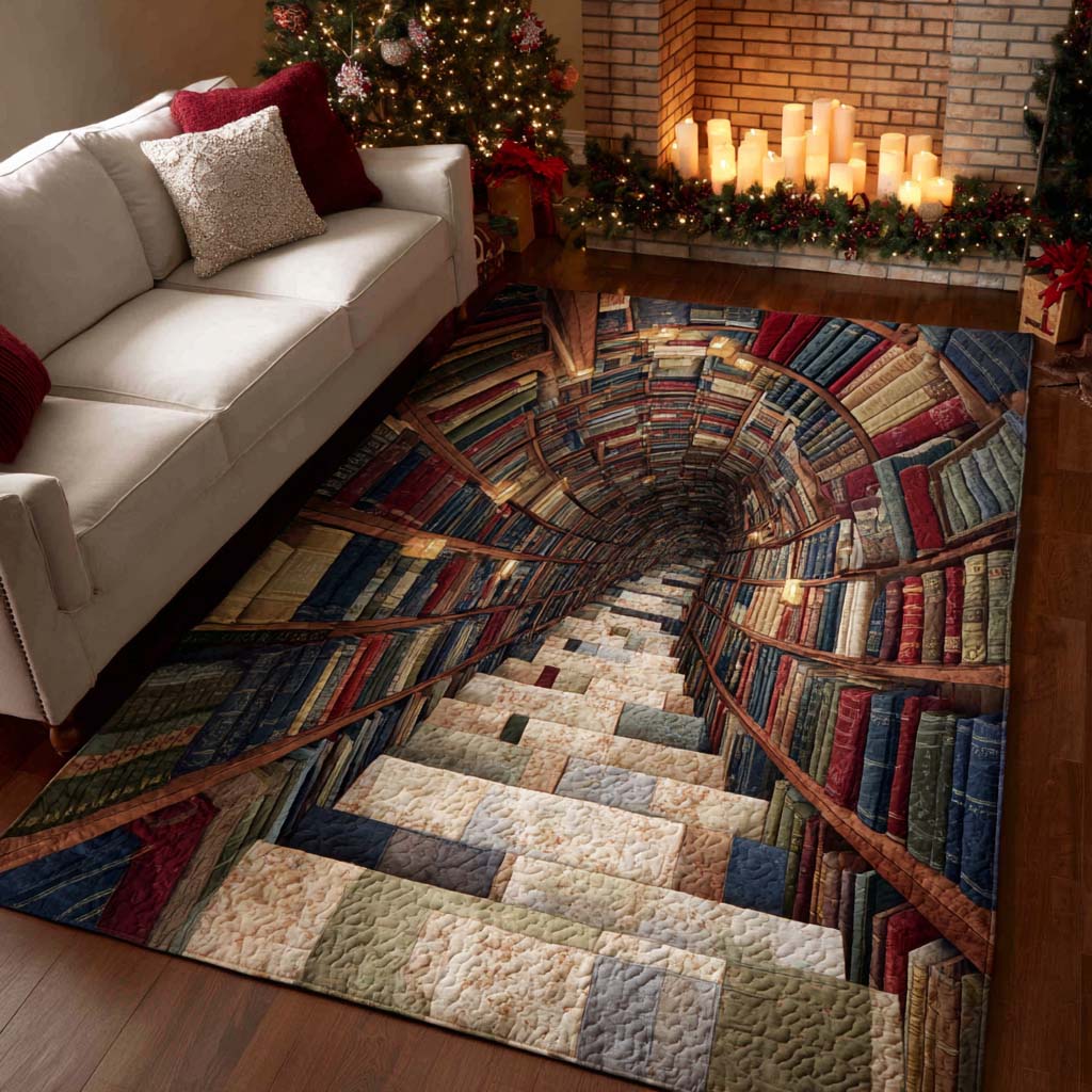 Christmas Library rug – book-lined staircase